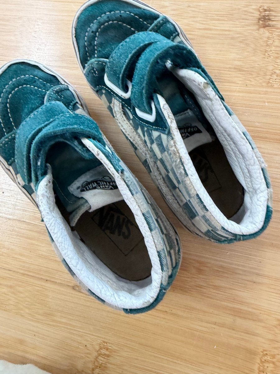Vans High Tops – 13 Turquoise Checker Print | Velcro - Nest and Sprout-Consignment