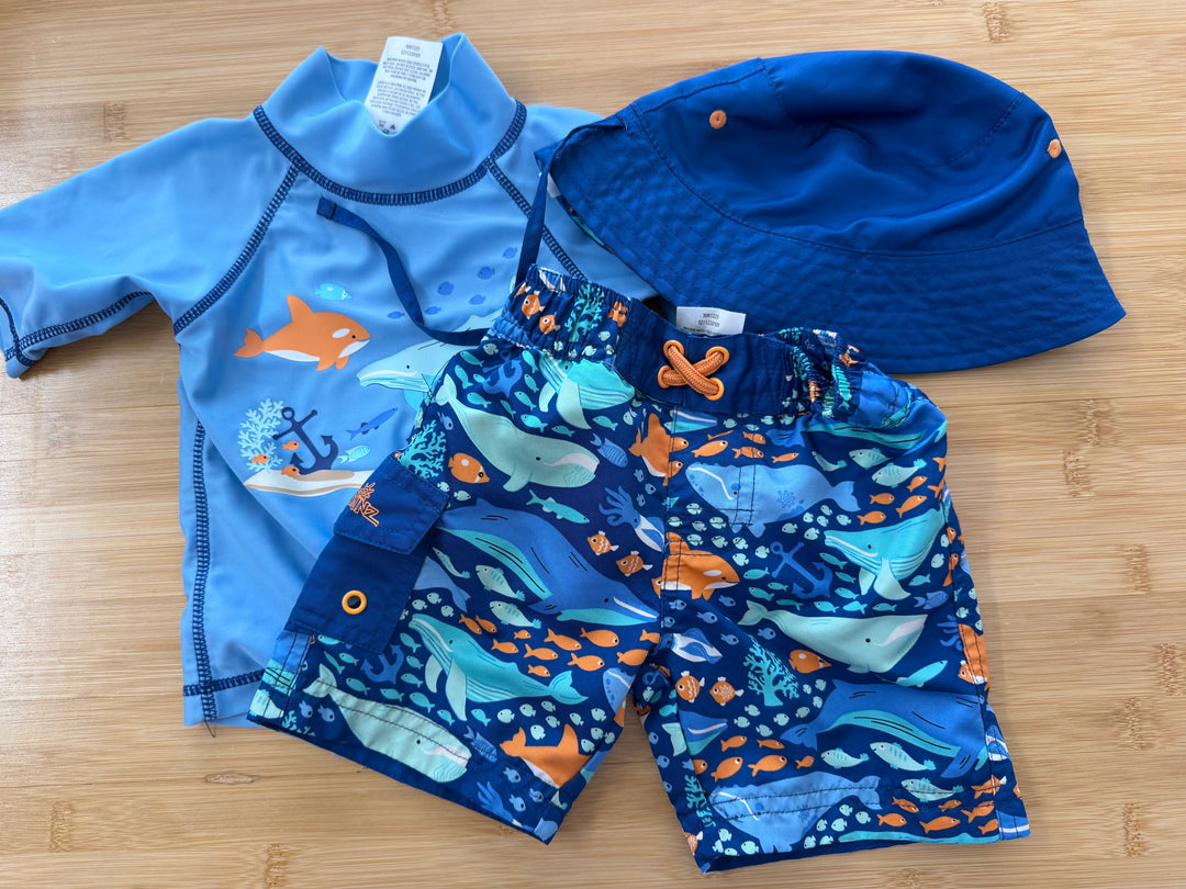 UV Skinz Three-Piece Set – 12–18M | Blue Bucket Hat Shorts & Shirt