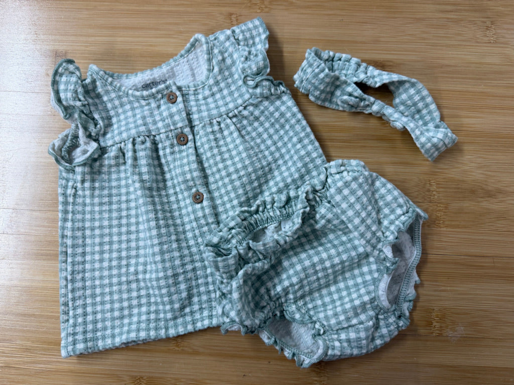 Carter's Gingham Three-Piece Set – 3M | Teal Mint Dress Headband & Bloomers
