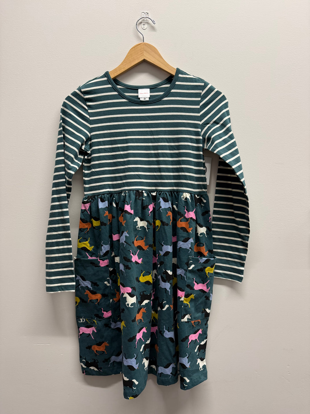 Hanna Andersson Horse Print Dress – 12 (150cm) | Green Striped Bodice Like New