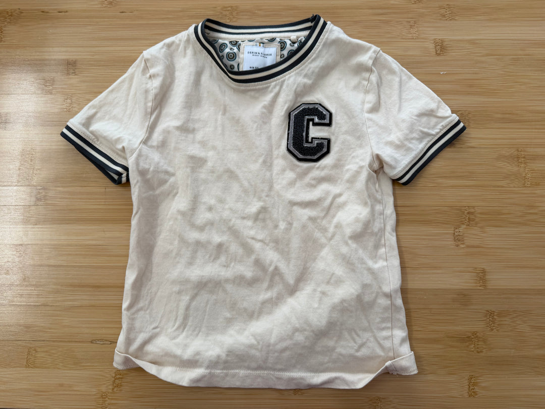 Denim & Flower Shirt – 5/6 | Cream Letter C Embroidered Patch