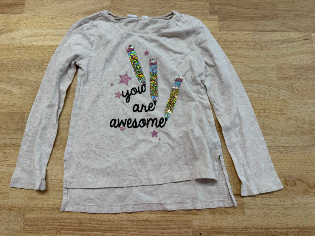 Gap Kids You Are Awesome Long Sleeve – S | Oatmeal Sequin Pencil Print