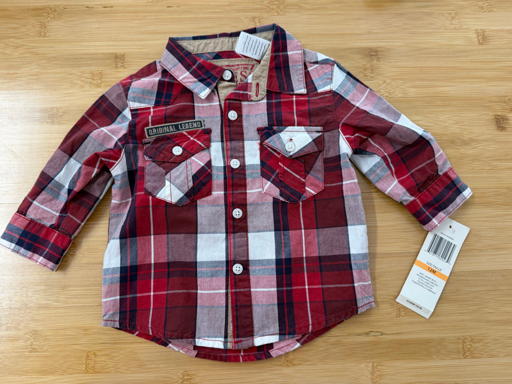 Guess Button-Up Shirt – 12–18M | Red & Navy Plaid Long Sleeve 100% Cotton | NWT