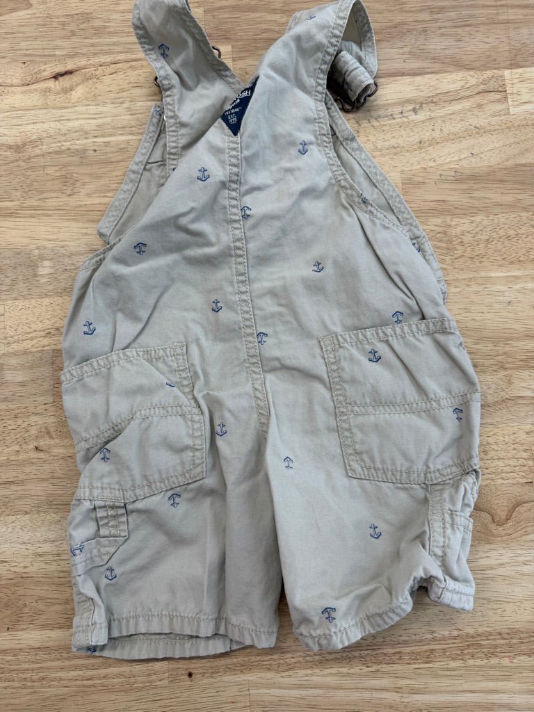 OshKosh Short Overalls – 3T | Khaki Allover Anchor Print - Nest and Sprout - Consignment