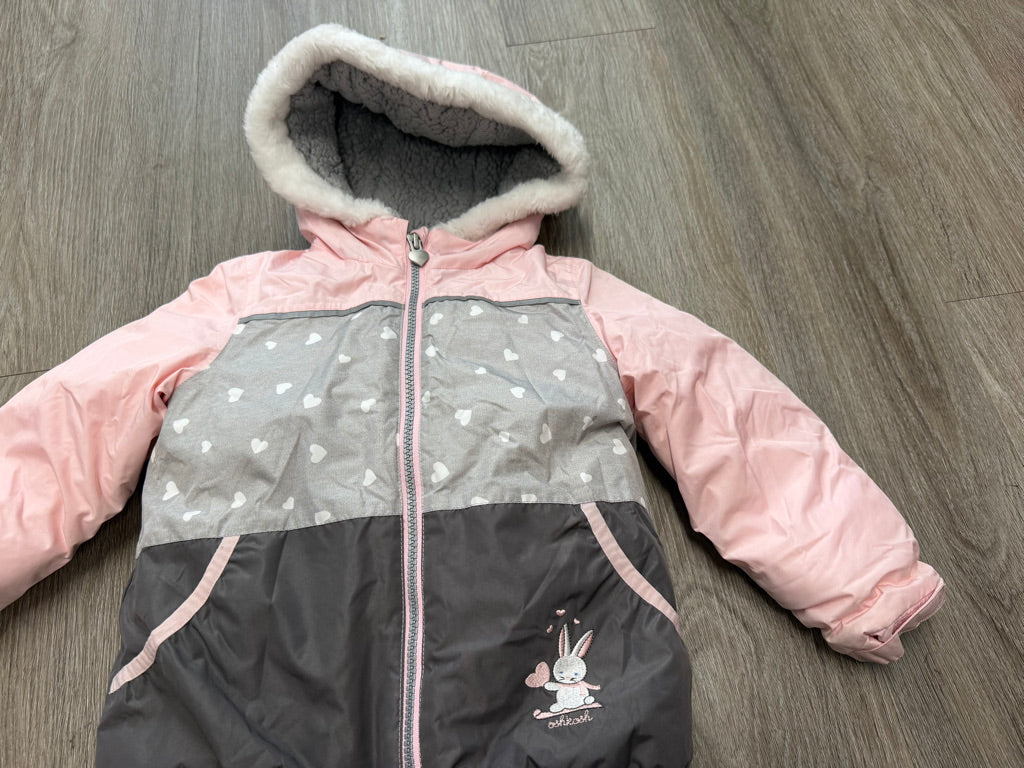 OshKosh Two-Piece Snow Set – 2Y | Grey & Pink Fleece Bibbed Snowpants & Jacket