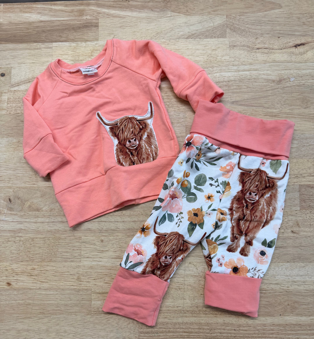 Homestyle Creation Grow With Me Outfit Set  0-6M | Peach Highland Cow