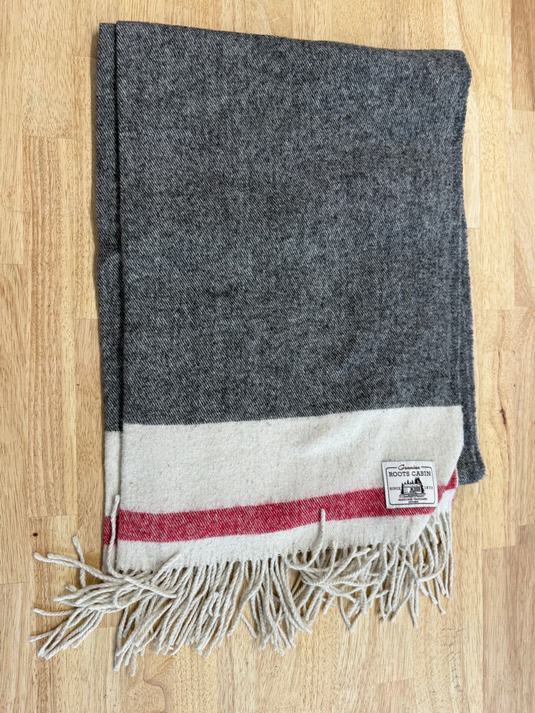 Roots Cabin Genuine Shawl Blanket – One Size | Grey White & Red Stripe