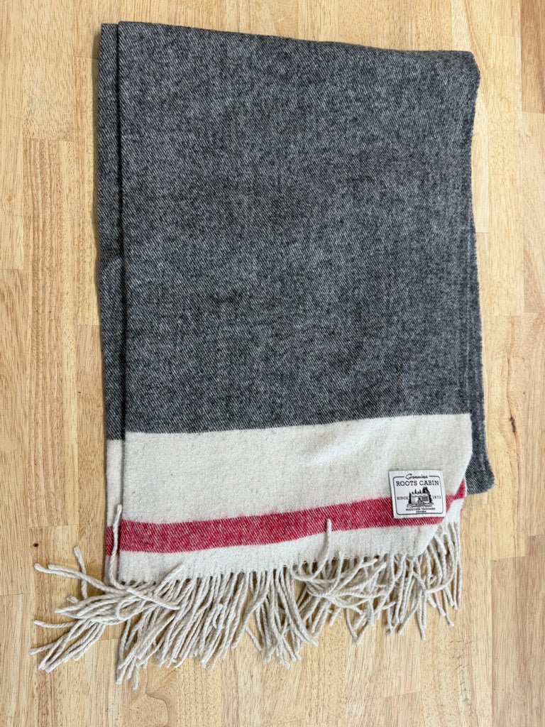 Roots Cabin Genuine Shawl Blanket – One Size | Grey White & Red Stripe - Nest and Sprout-Consignment