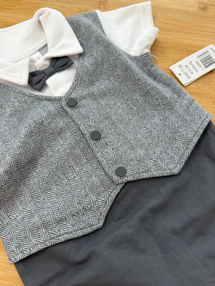 Rococo Herringbone Romper Suit – 12M | Vest Collar Grey Trouser Snap Crotch | NWT