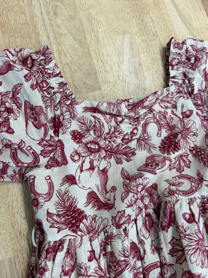 Happily Grey Kids Horse Print Dress – 6/7 | Cream with Burgundy | Short Sleeve, Square Neckline - Nest and Sprout-Consignment