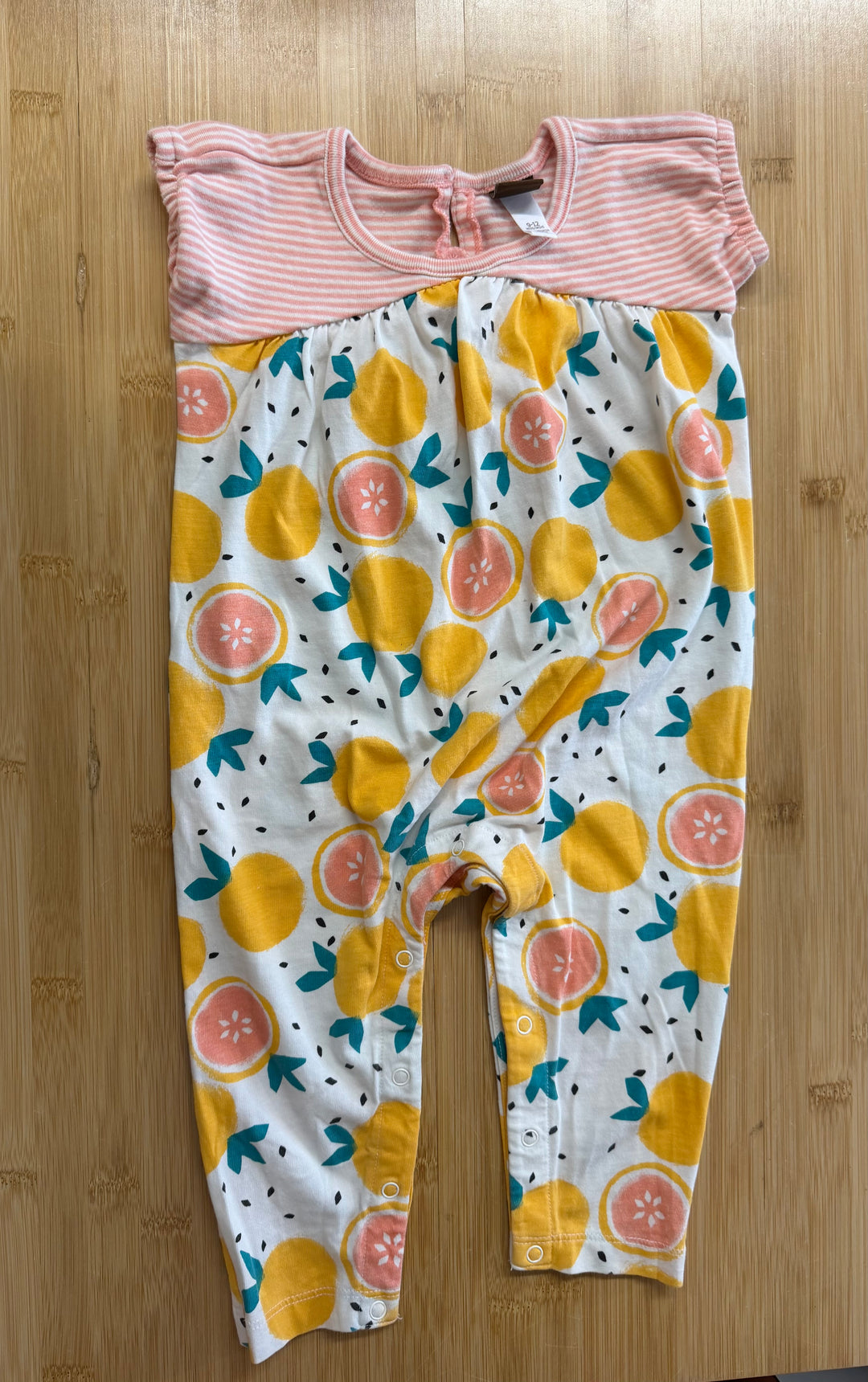 Tea Collection Short Sleeve Romper – 9-12 Months | Orange Print on White | Pink Striped Border