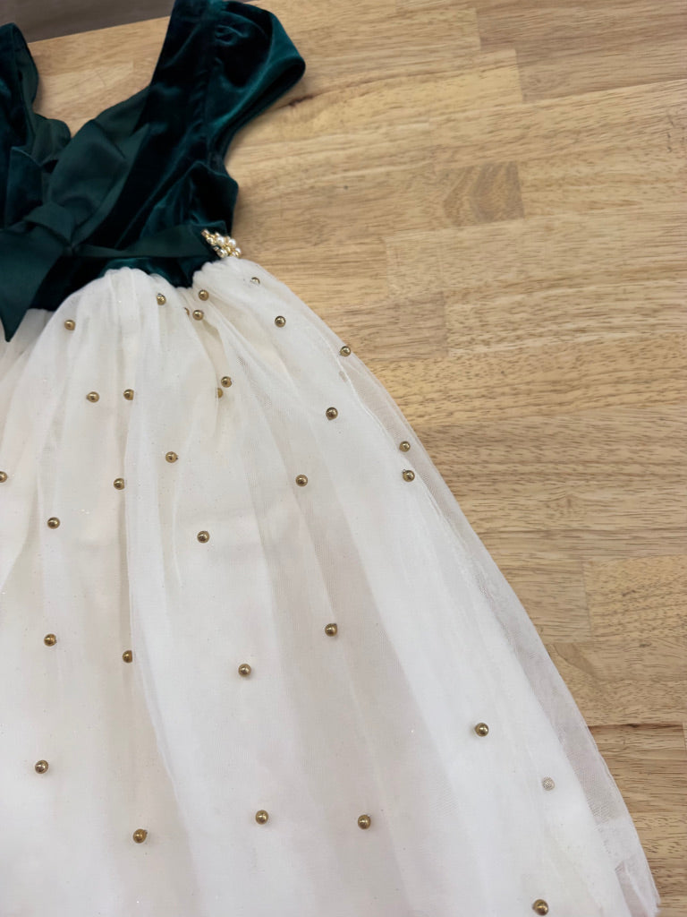 American Princess Special Occasion Dress – 6 | Green Velour Gold Bobble Tulle | AS-IS