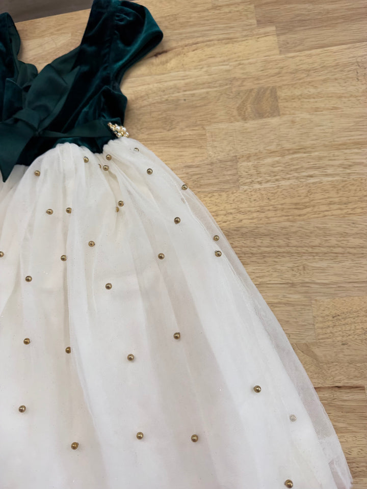 American Princess Special Occasion Dress – 6 | Green Velour Gold Bobble Tulle | AS-IS
