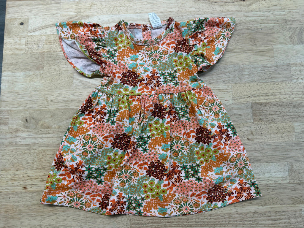 Kate Quinn Dress – 6–12M | Orange & Green Floral Flutter Sleeve