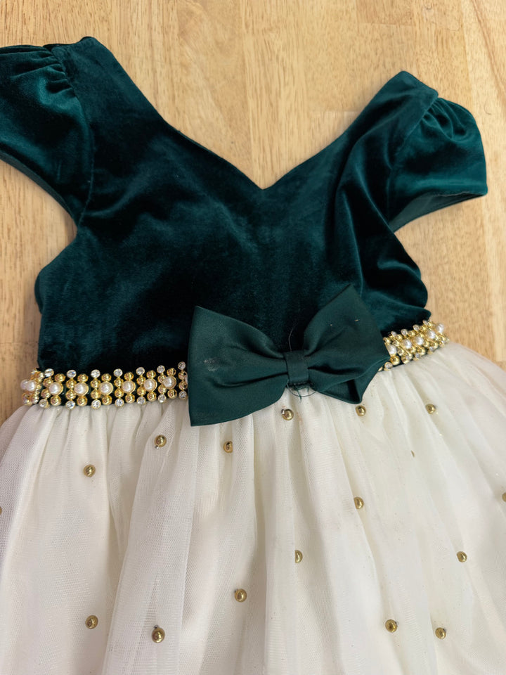 American Princess Special Occasion Dress – 6 | Green Velour Gold Bobble Tulle | AS-IS