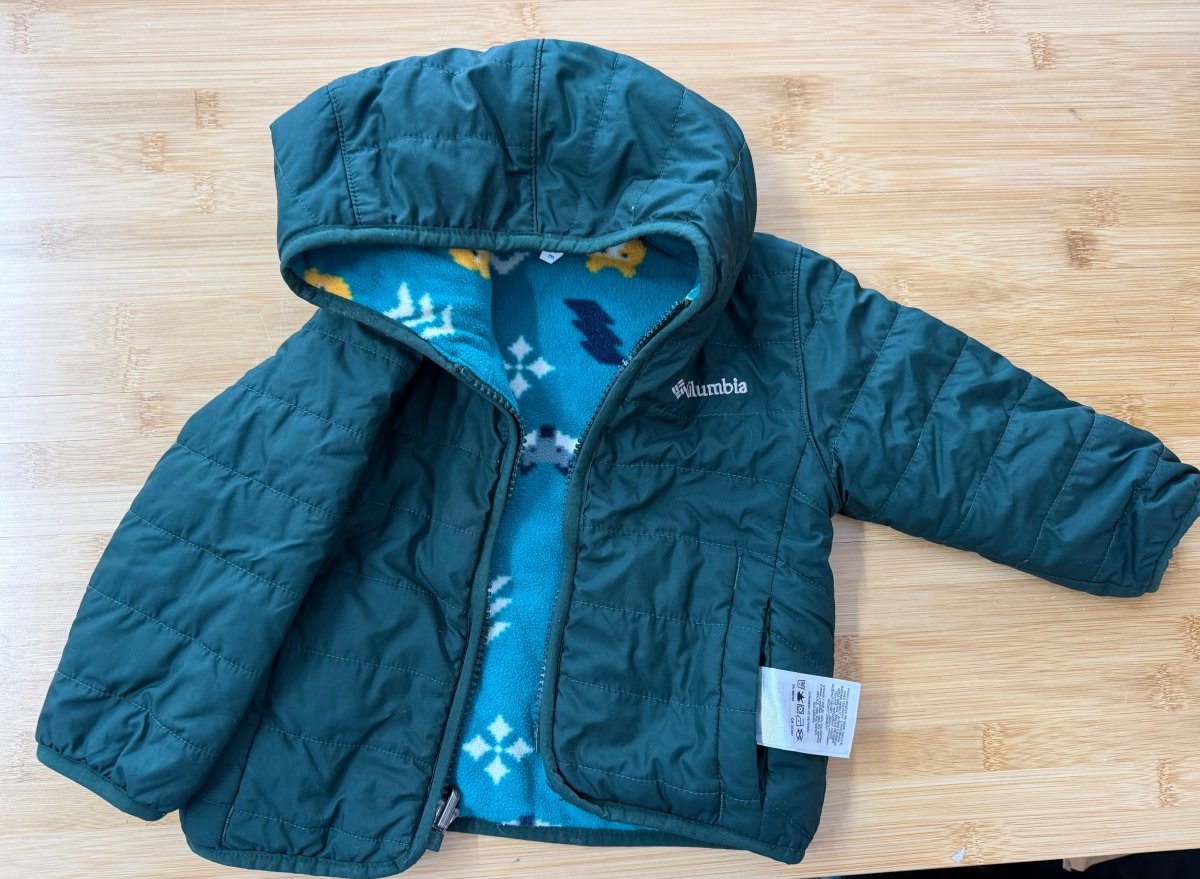 Columbia Reversible Jacket – 6-12 Months | Forest Green with Forest Animal Fleece Side - Nest and Sprout-Consignment