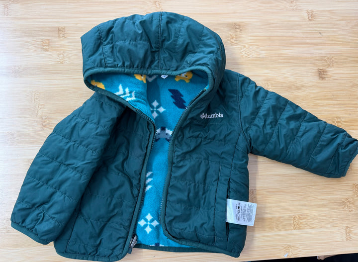 Columbia Reversible Jacket – 6-12 Months | Forest Green with Forest Animal Fleece Side