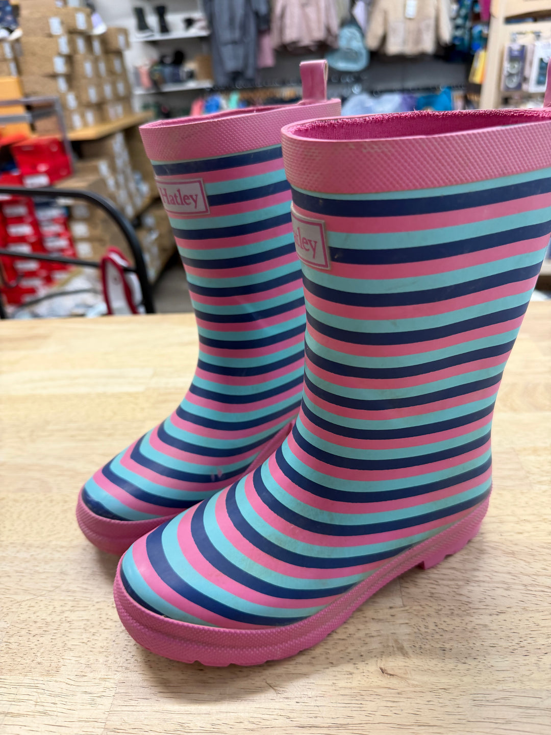 Hatley Pink & Navy Stripe Rain Boot – 13 | Light Wear