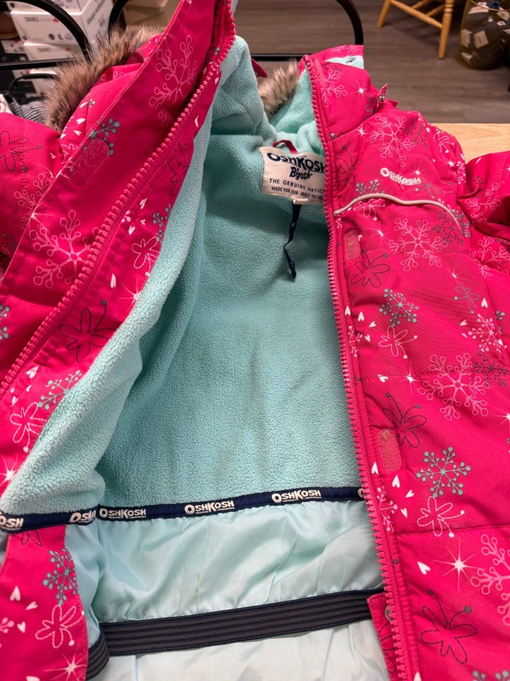 OshKosh Winter Jacket – 7 | Pink Snowflake Print | Snow Skirt - Nest and Sprout-Consignment