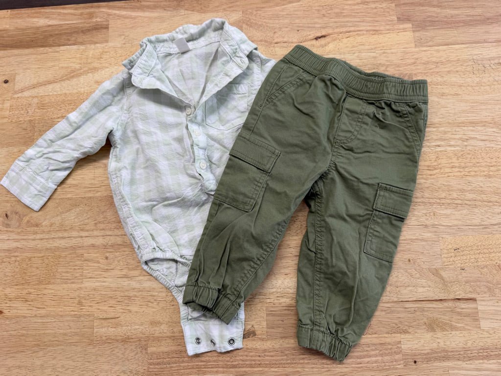 Joe Fresh Cargo & Gingham Set – 12–18M | Green Cargo Pants & Light Green Button-Up Bodysuit - Nest and Sprout-Consignment