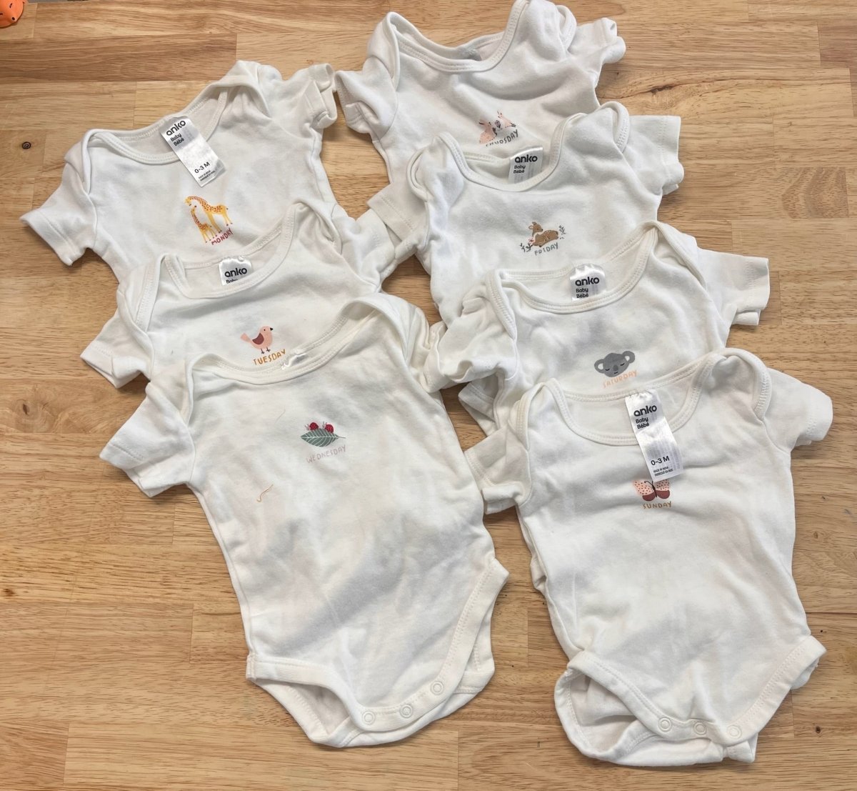Anko Bodysuits – Days of the Week Set – 0–3 Months IMPERFECTY - Nest and Sprout - Consignment