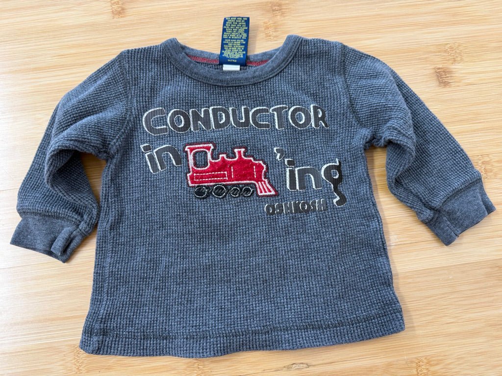 OshKosh Conductor in Training Waffle Shirt – 12M | Grey Cotton - Nest and Sprout-Consignment