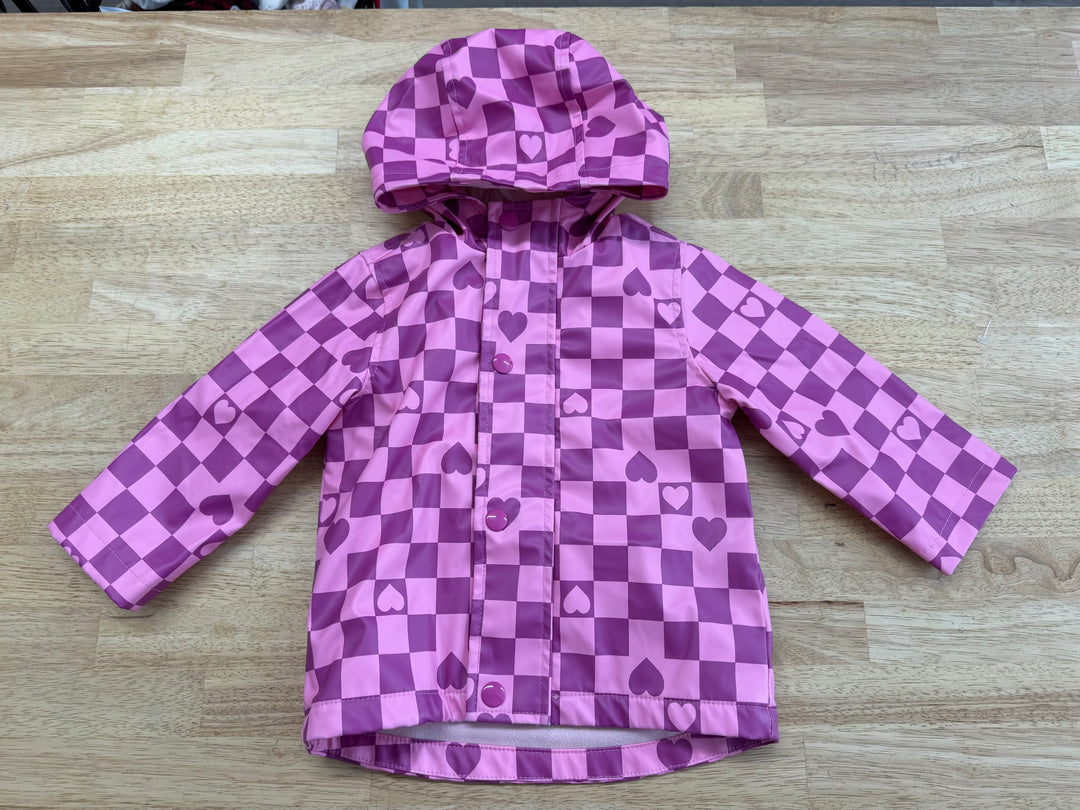 Joe Fresh Fleece Lined Rain Jacket – 12-18 Months | Pink and Burgundy Plaid | Hearts