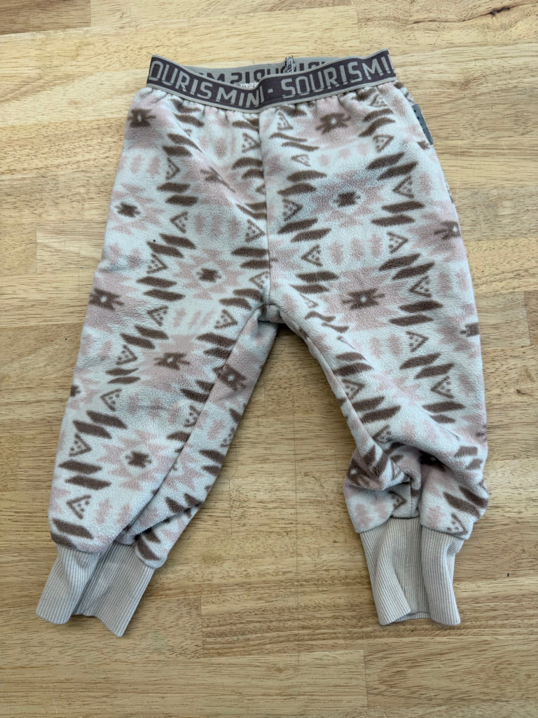 Souris Mini Fleece Pants – 12–18M | Brown & Pink Geometric Print