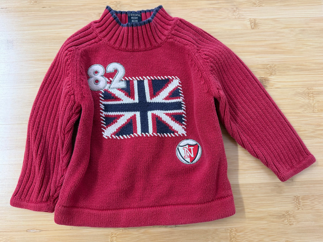 Next Knit Sweater – 12–18M | Red British Flag Turtle Neckline 100% Cotton