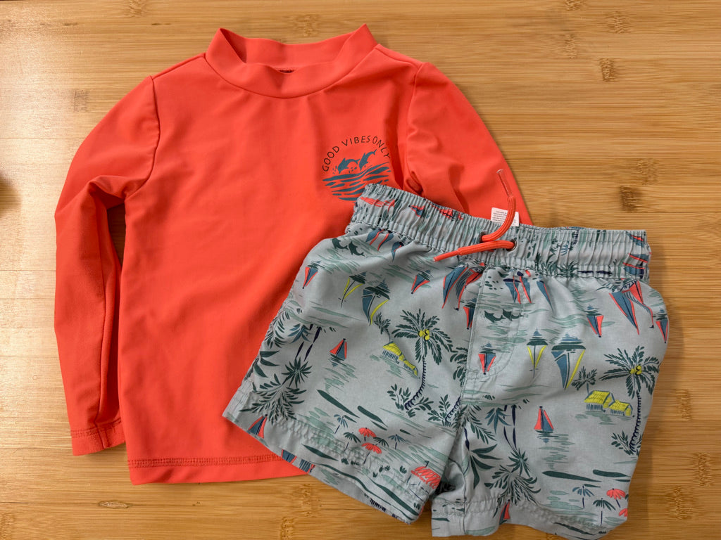 Carter's Swim Set – 2T | Orange Long Sleeve Rash Guard & Swim Shorts