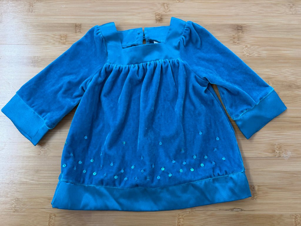 Please Mum Velour Dress – 6M | Blue Satin Trim Sequin Décor Long Sleeve - Nest and Sprout-Consignment