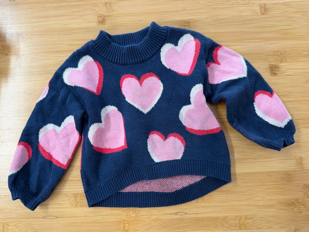 Old Navy Hearts Allover Knit Sweater – 12–18M | Pink White & Red - Nest and Sprout-Consignment