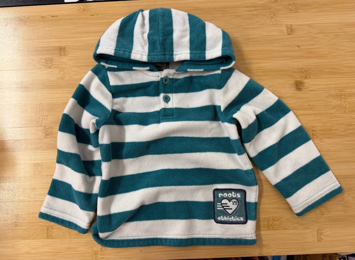 Roots Athletics Fleece Hoodie – 2T | Blue and White Stripe | Quarter Button-Up - Nest and Sprout-Consignment