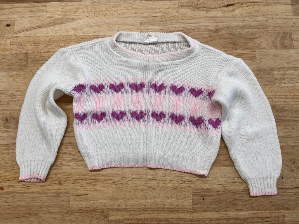 White Knit Sweater with Hearts – Size 2 – Vintage – Made in Japan - Nest and Sprout - Consignment