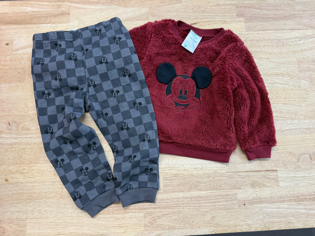 Disney Baby Mickey Plaid Two-Piece Set – 18–24M | Maroon Shirt & Plaid Legging | NWT