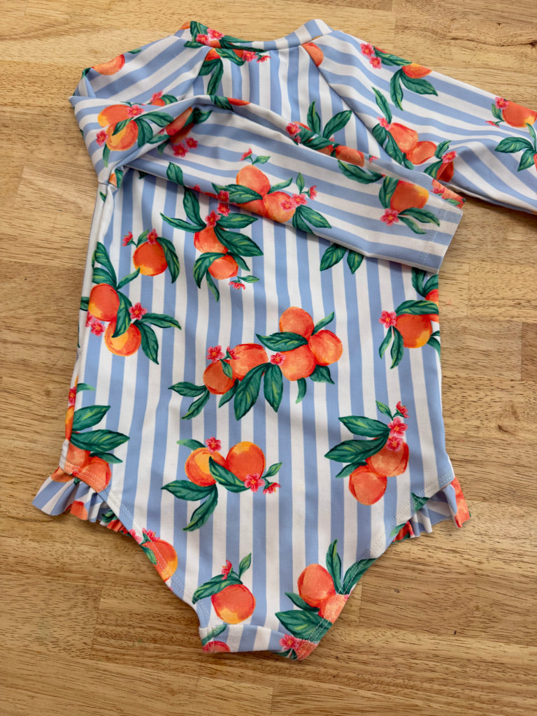 Old Navy One-Piece Swimsuit – 3T | Blue Stripe Peach Long Arms Half Zip