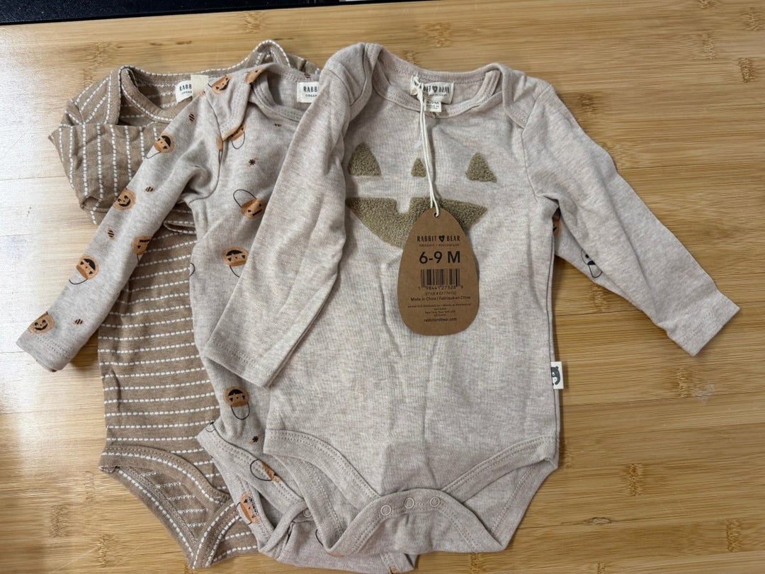 Rabbit and Bear Long Sleeve Bodysuit – 6/9 Months | Halloween Natural Print | Set of Three - Nest and Sprout-Consignment