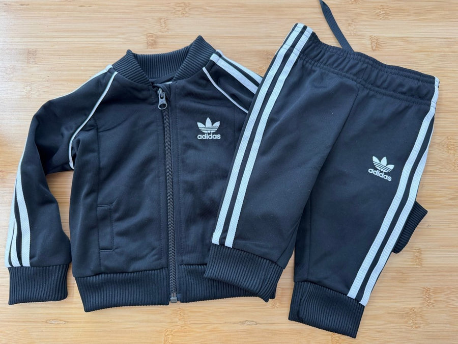 Adidas Black & White Track Set – 3–6M | Zip-Up Jacket & Sweatpants - Nest and Sprout-Consignment