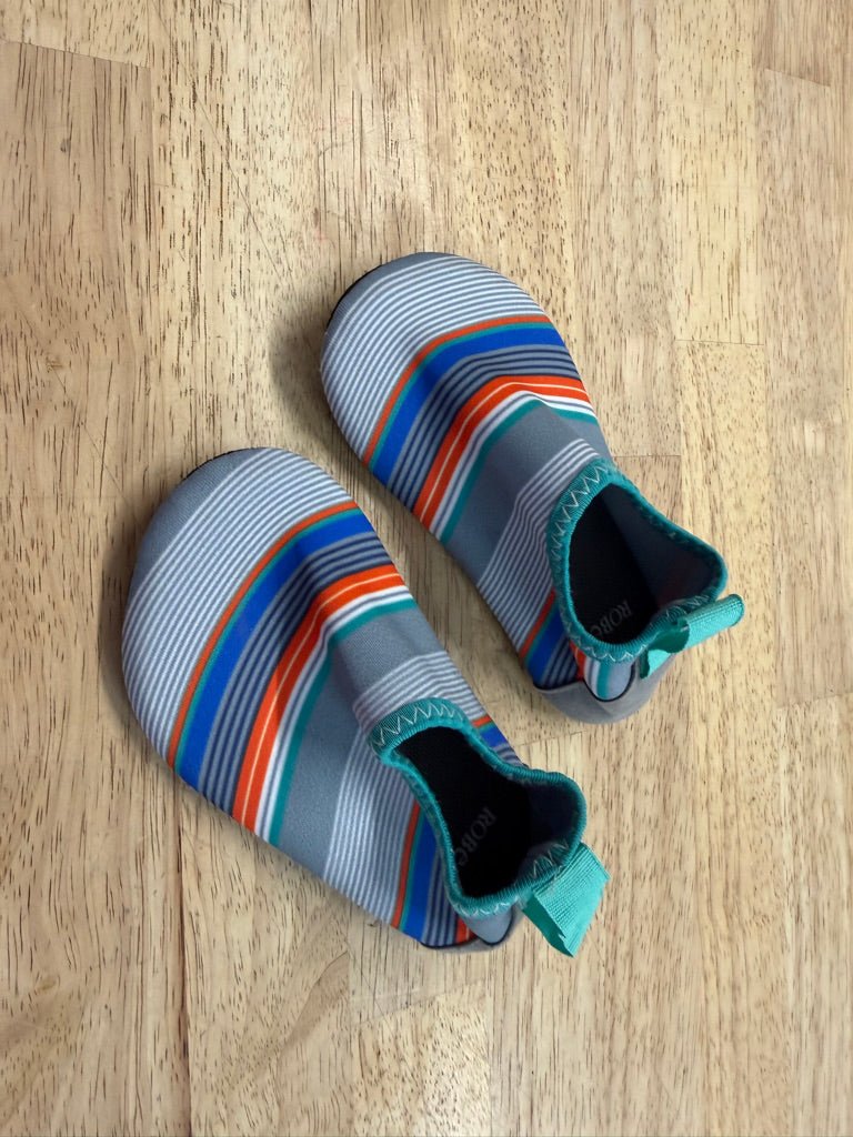 Robeez Water Shoes – 4 (6–12M, EU 18) | Orange Blue Grey Stripe - Nest and Sprout-Consignment