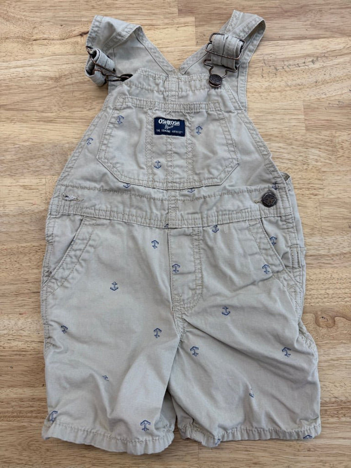OshKosh Short Overalls – 3T | Khaki Allover Anchor Print - Nest and Sprout - Consignment