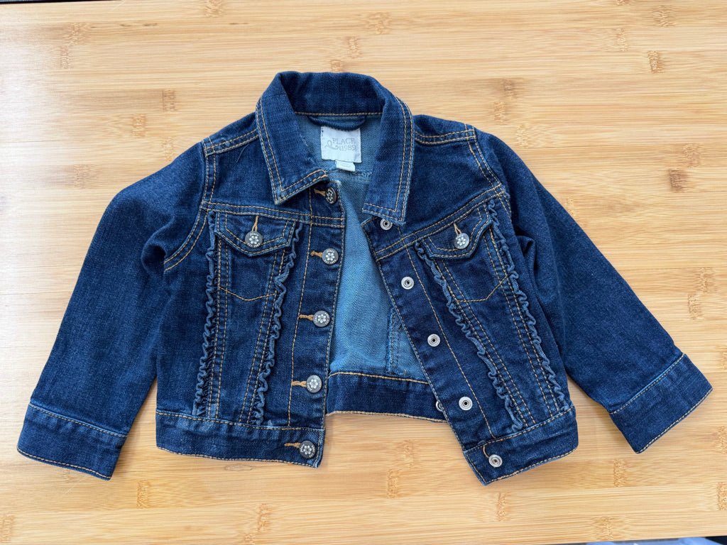 The Children's Place Denim Jacket – 24M | Floral Snap Buttons Ruffle Detail Dark Denim