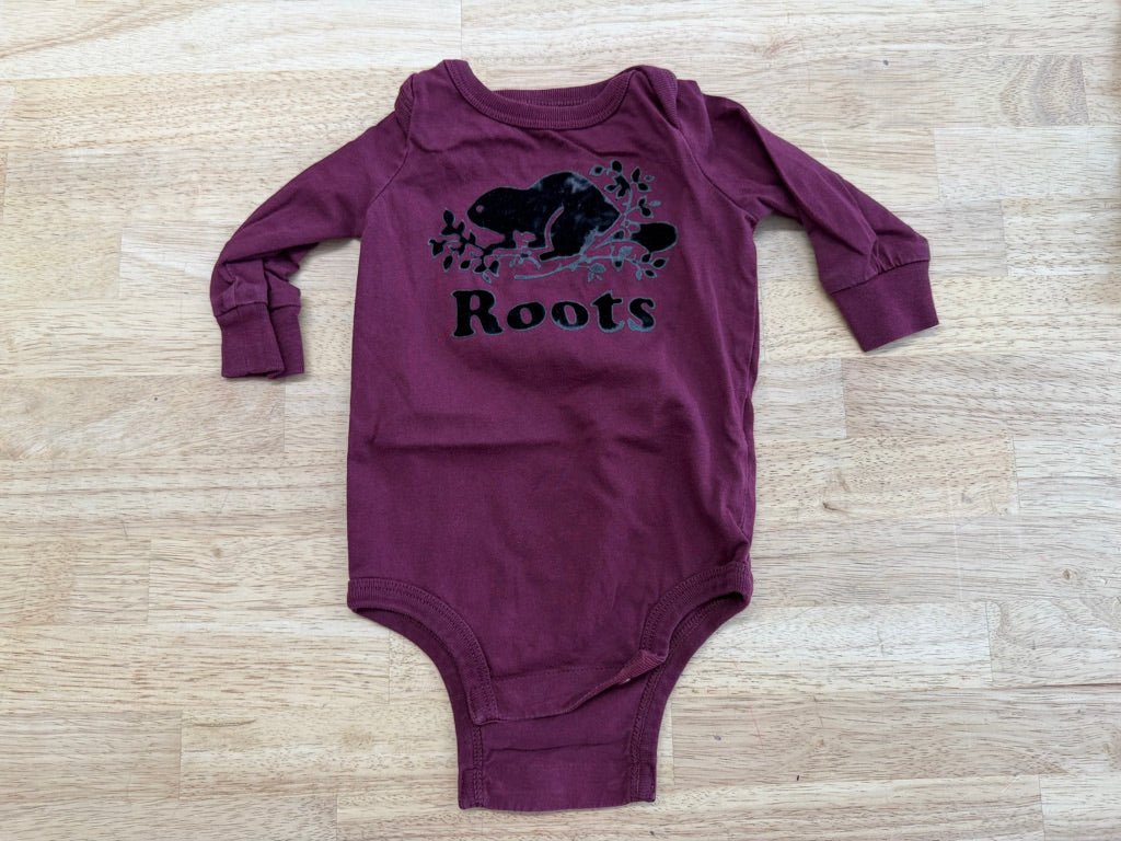 Roots Velour Logo Bodysuit Burgundy | Size 0–3M - Nest and Sprout - Consignment