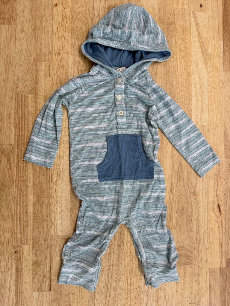 Kate Quinn Hooded Romper – 6–12M | Blue & Green Modal Stripe - Nest and Sprout - Consignment