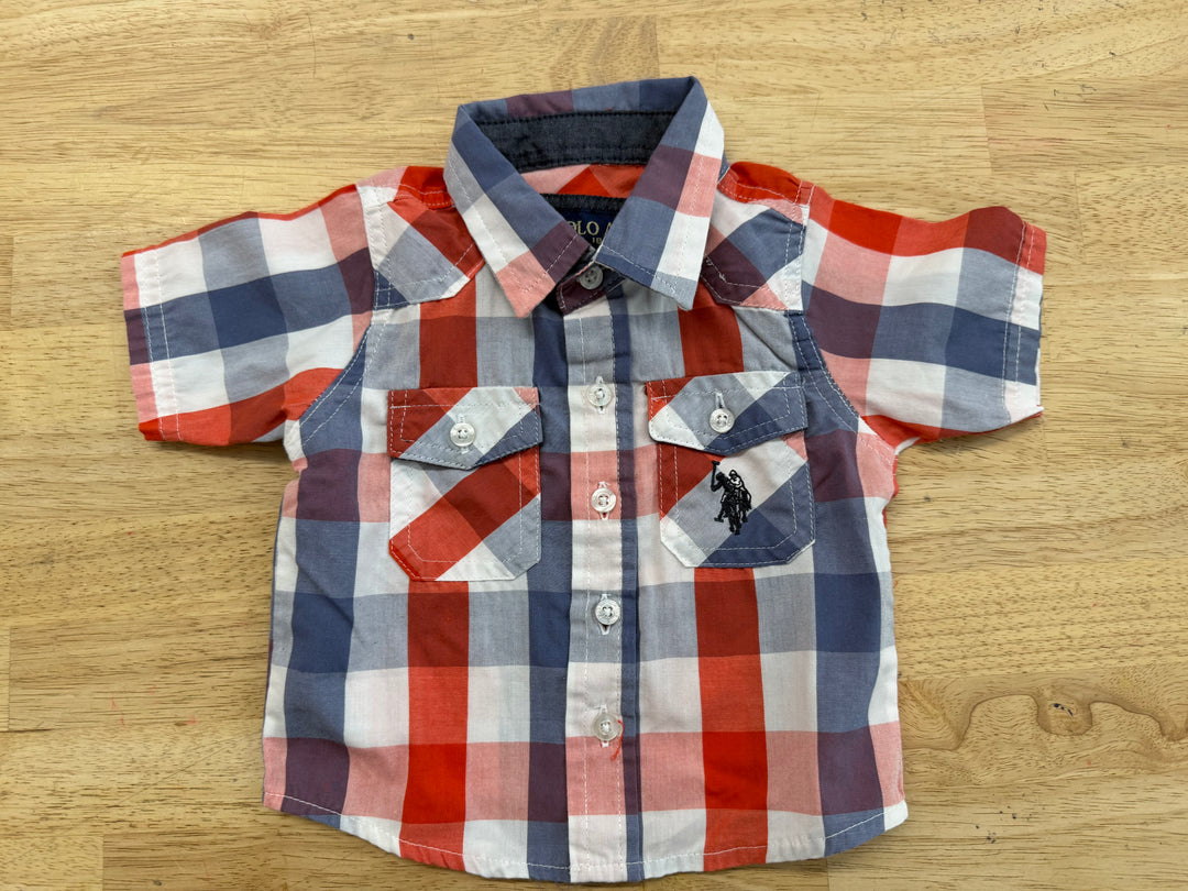 US Polo Assn. Button Down Shirt – 3–6M | Red & Blue Plaid