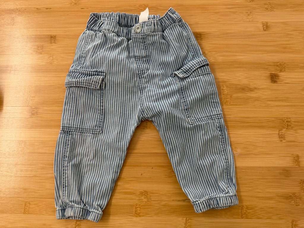 H&M Striped Pants – 9–12M | Blue Vertical Stripe Adjustable Waist Side Pockets - Nest and Sprout-Consignment