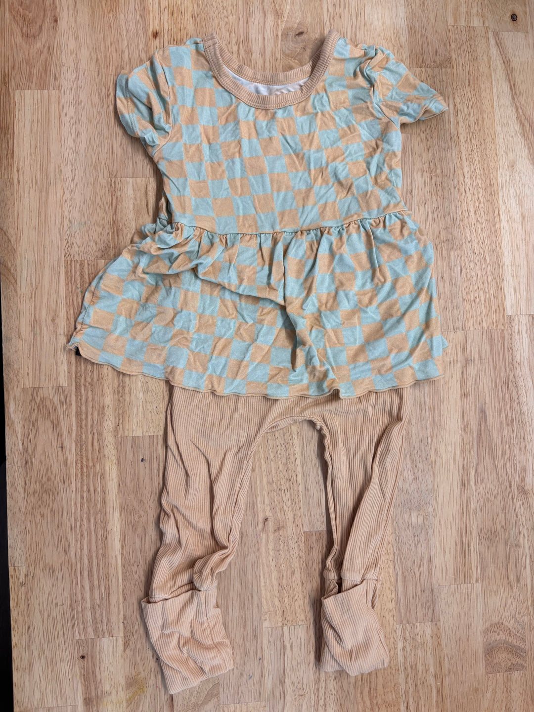 Ready Set Romper 6-12M - Beige/Mint Checker Bamboo Dress