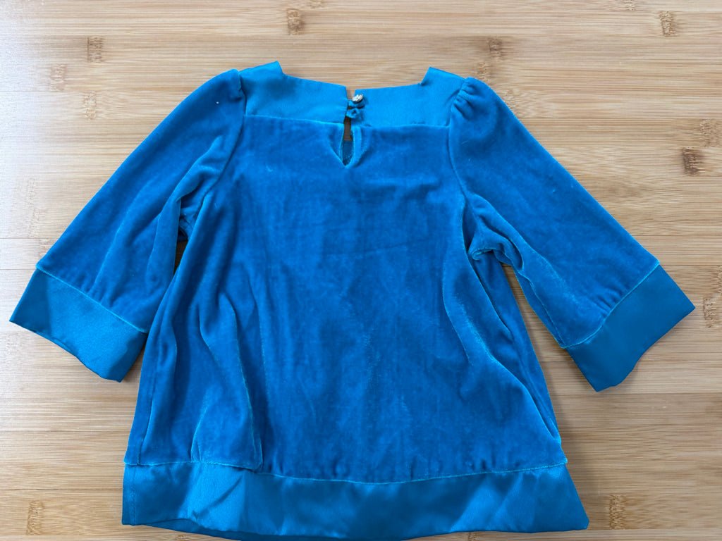 Please Mum Velour Dress – 6M | Blue Satin Trim Sequin Décor Long Sleeve - Nest and Sprout-Consignment