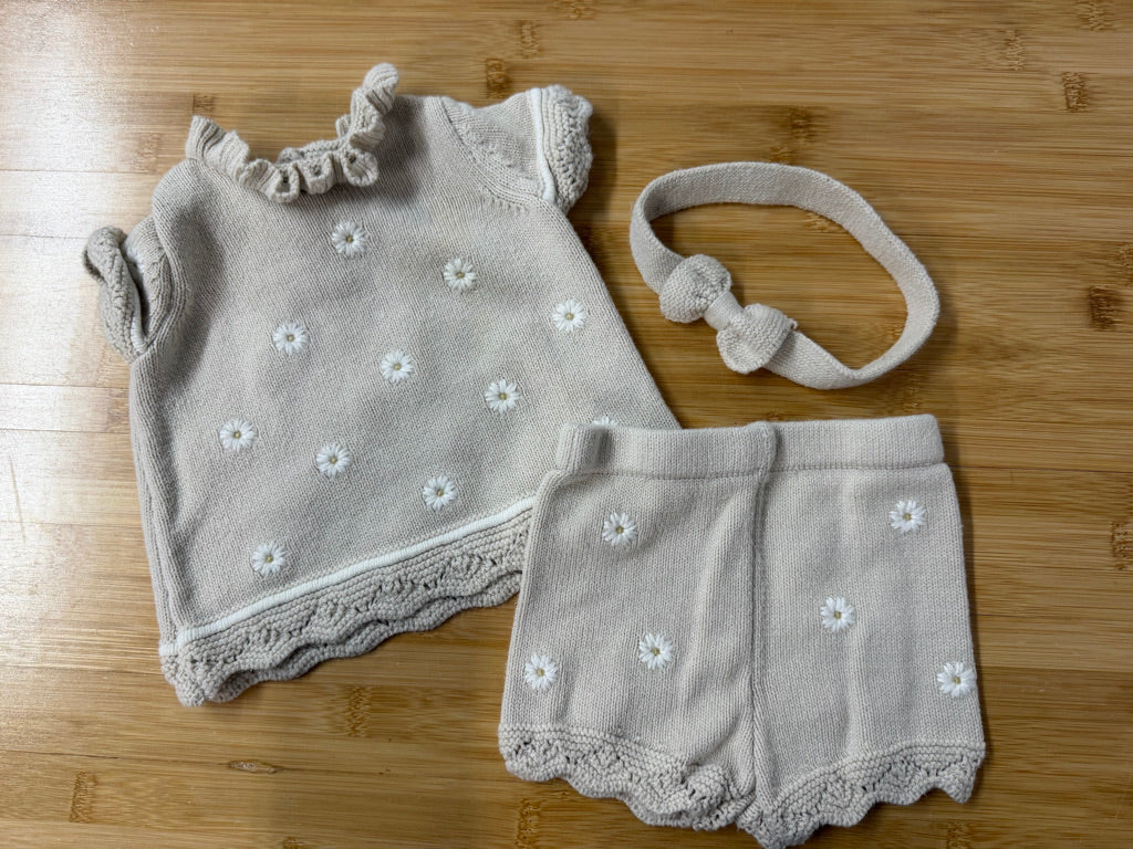 Cupcakes and Cashmere Daisy Knit Set – 0-3M | Beige Short & Short Sleeve Sweater