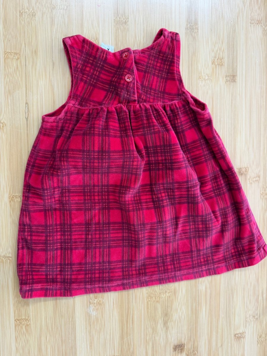 Velour Plaid Red Dress – 12M (26 lbs) | Button-Up Back Polyester/Cotton - Nest and Sprout-Consignment