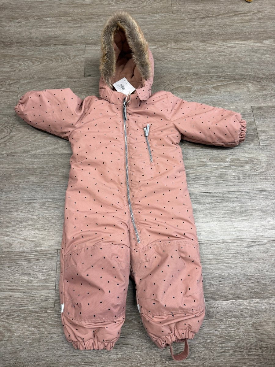 H&M Dusty Pink Polka Dot One-Piece Snowsuit – 12–18M | Double Zipper Faux Fur Hood | Play - Nest and Sprout-Consignment